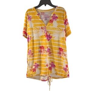 St John Bay S Top Tropical Henley V-Neck Short Sleeves Drawstring Front Blouse